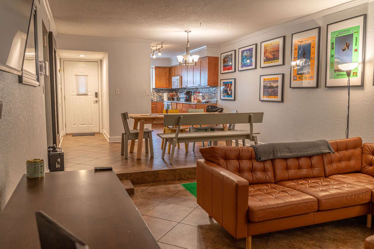 Cozy living room with dining area and framed wall art