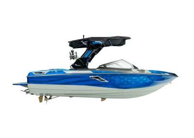 Blue and white Centurion boat isolated on white