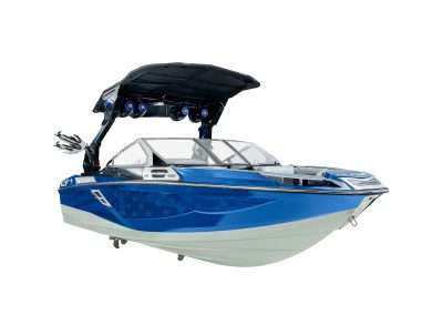 Blue wakeboard boat with star graphic design isolated
