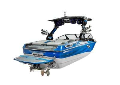 Blue and silver wakeboard boat isolated on white background