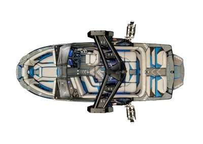 Top view of modern blue and white powerboat